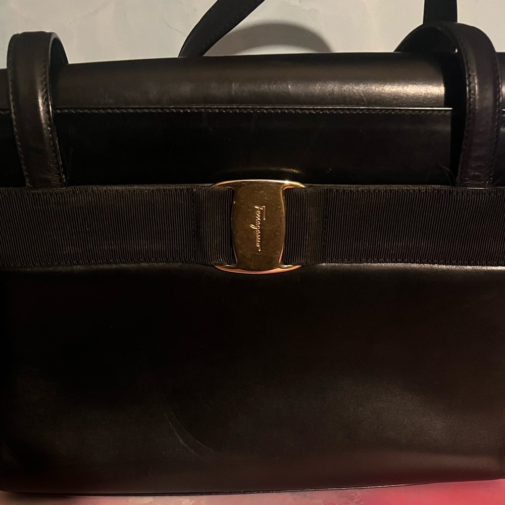 Salvatore Ferragamo Black Leather Top-Handle Bag with Gold Hardware